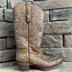 Corral Vintage Crackled Leather Glitter‎ Inlay Sniptoe Cowboy Boots / SZ 7